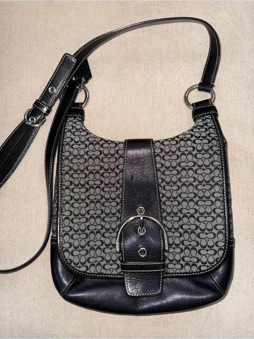 Coach SoHo Mini Signature C Shoulder Bag Black Leather with Silver Hardware 7072